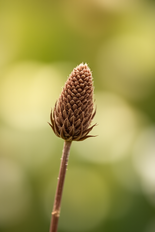 Capture a focused close-up of a dried flower stalk with soft bokeh in the background, using a DSLR camera with a 50mm f/1.8 lens, aperture set to f/2.8, shutter speed of 1/200 sec, ISO 100, in natural light with a shallow depth of field.