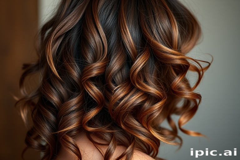 Luscious chocolate brown curls in the "Cocoa Cascade" style tumble gracefully, adorned with caramel lowlights and a deep side part for romantic allure