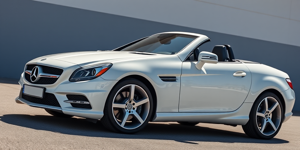 Create a high-resolution image of a white convertible Mercedes-Benz SLK from a low-angle side view, with a focus on sleek lines and shiny details, using a Canon EOS R5 camera, aperture f/2.8, ISO 100, 24mm lens, set in natural daylight for optimal brightness and clarity.