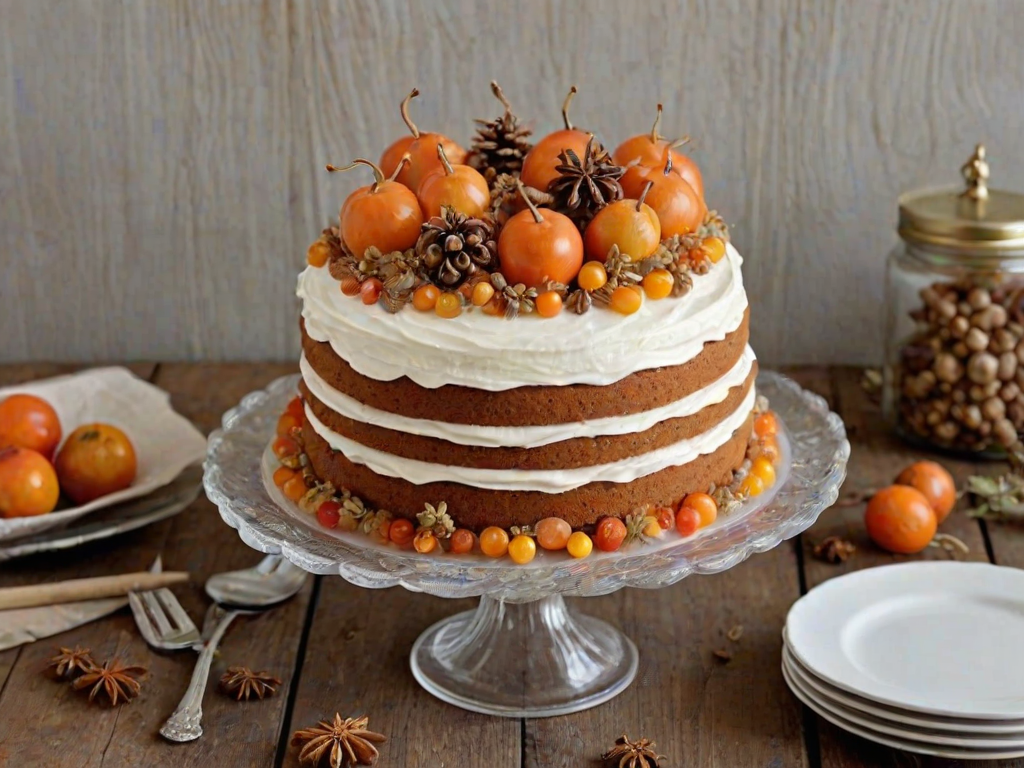 Create a three-layer round cake with smooth white frosting and decorative elements on top. Use a simple spiral design for the frosting on each layer. Add a variety of edible decorations, including golden berries, star anise, and a few husked physalis fruits. Place the cake on a clear glass cake stand and set it against a rustic wooden background.