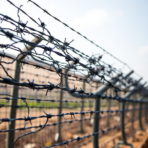 Generate an image of multiple types of barbed wire stacked horizontally with high resolution, use a Canon EOS 5D Mark IV, aperture f/8, ISO 200, shutter speed 1/250 sec, with a clear depth of field and natural lighting.
