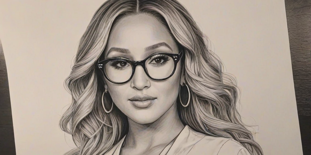 Beauteous Adrienne Bailon, pencil sketch, portrait of Bewitching woman 1975s in glasses, hair style beatnik, outline, clear lines, fine lines, 8k
