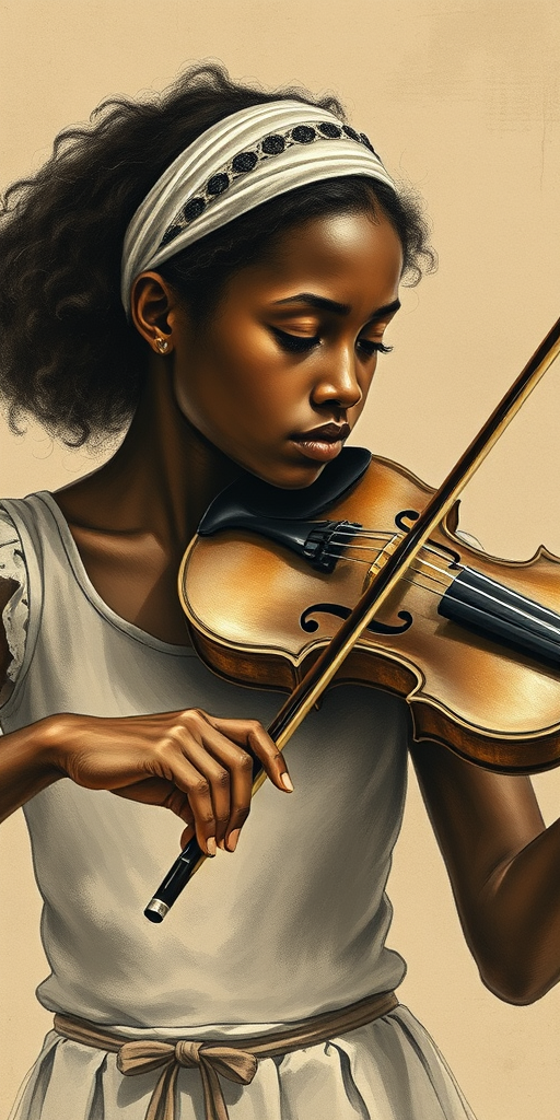 a young Afro-Caribbean woman with a white headband playing a violin, in the style of a charcoal drawing, sepia grunge background