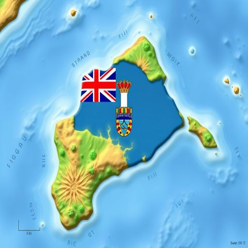 Create a detailed illustration of a map highlighting Fiji with its national flag and coat of arms prominently displayed in the center, utilizing a high-resolution digital art style with vibrant colors, wide-angle view, and settings: aperture f/8, ISO 100, shutter speed 1/125s, digital camera type.