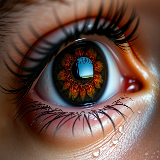 Close-up shot of a human eye with intricate details, focus on iris with orange and brown tones, water droplets on skin, dramatic lighting, camera settings: f/1.8, ISO 100, shutter speed 1/200s, camera view: macro, camera style: high contrast, camera type: DSLR.