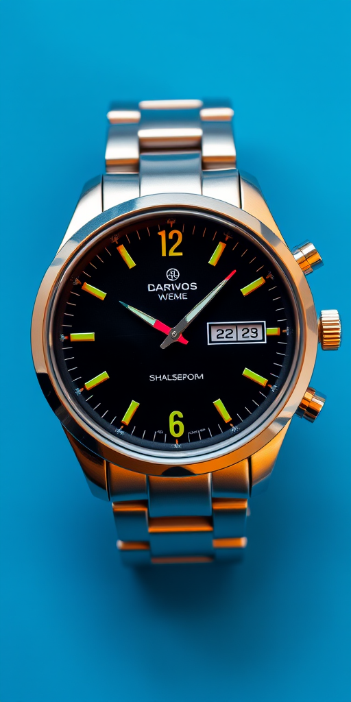 high-resolution image of a silver analog watch with a black face displaying colorful hands and a date window, set against a vibrant blue background, shot with a DSLR camera, 50mm lens, f/1.8 aperture, ISO 100, using a softbox for lighting, top-down view for emphasis on details