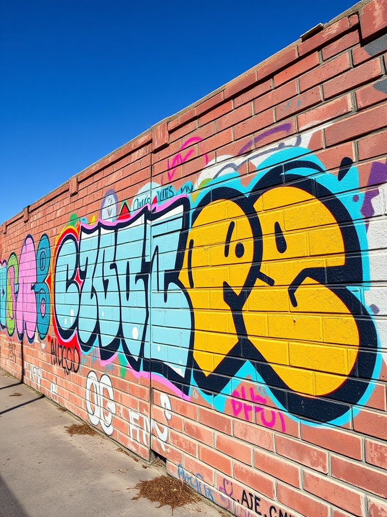 Capture a vibrant graffiti mural on a brick wall with sharp details and bold colors in daylight, using a DSLR camera, f/8 aperture, ISO 200, 24mm lens, shot at eye level with a wide-angle perspective for enhanced clarity and depth.
