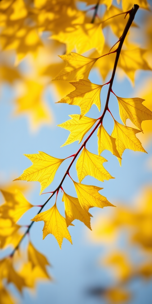 close-up shot of vibrant yellow ginkgo leaves against a soft blue background with shallow depth of field, aperture f/2.8, ISO 100, 50mm lens, natural daylight, DSLR camera
