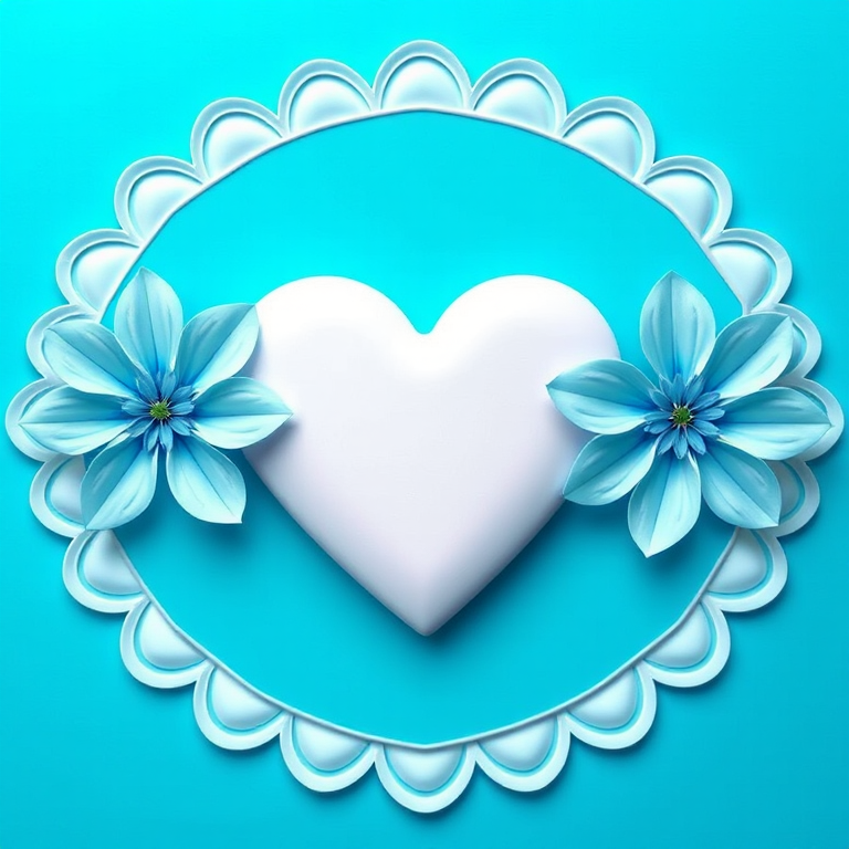Create a bright blue background with a large symmetrical heart at the center, surrounded by layered scalloped edges, add two light blue flowers on either side of the heart with detailed petals, use a digital art style to enhance clarity, camera settings: f/8 aperture, ISO 200, shutter speed 1/125s, camera view: top-down, camera type: DSLR.