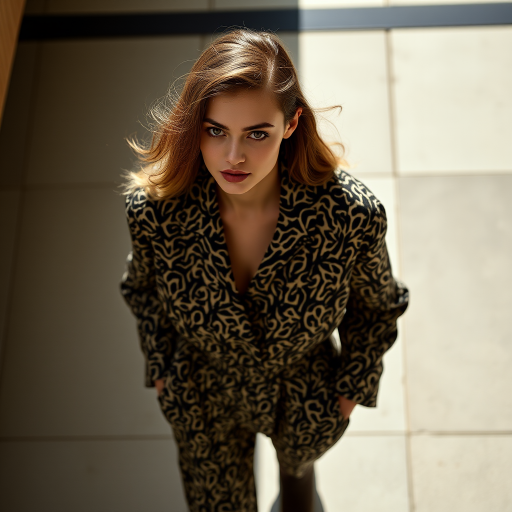 Capture the model from a high angle, emphasizing the outfit’s pattern and silhouette. Use a 35mm prime lens to maintain sharpness and minimize distortion
