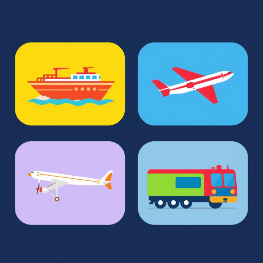 Regenerate an image with four colorful square icons representing different modes of transport: a ship, a truck, an airplane, and a train, using a high-resolution camera, 50mm lens, f/1.8 aperture, ISO 100, and natural lighting for enhanced quality.
