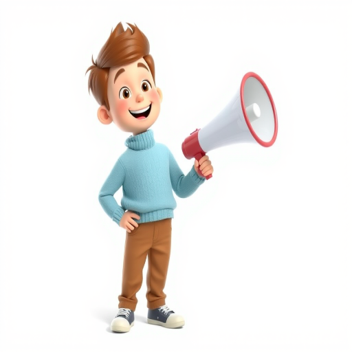 Create a 3D illustration of a cheerful cartoon boy with brown hair holding a megaphone, wearing a light blue sweater and brown pants, standing on a plain white background, using a Canon EOS 5D Mark IV with an aperture of f/4, ISO 100, at a 35mm focal length and a soft focus effect.