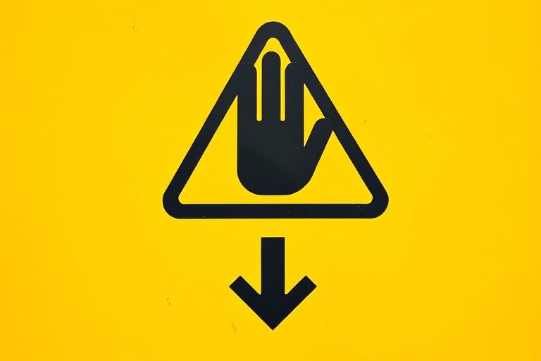 Create a high-contrast warning sign with a yellow triangular background featuring a black hand symbol and downward arrow, shot with a DSLR camera at f/5.6, ISO 100, and a 50mm lens for sharp focus and vibrant colors.