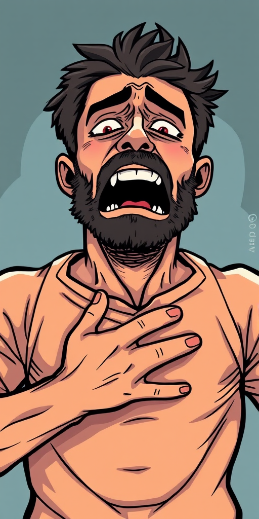 Create a high-resolution cartoon-style illustration of a distressed man clutching his chest, using a Canon EOS R5, aperture f/4, shutter speed 1/100, ISO 200, 35mm lens for a clear and detailed view.
