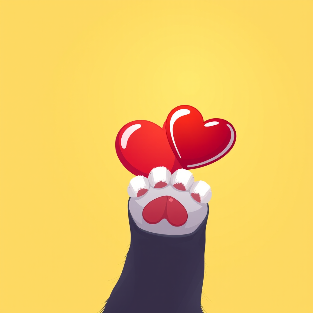 Create a vector-style illustration of a cartoon cat paw reaching towards a red heart on a bright yellow background, using a Canon EOS R5, 50mm f/1.8 lens, aperture f/2.8, ISO 100, and soft natural lighting for enhanced clarity and color vibrancy.