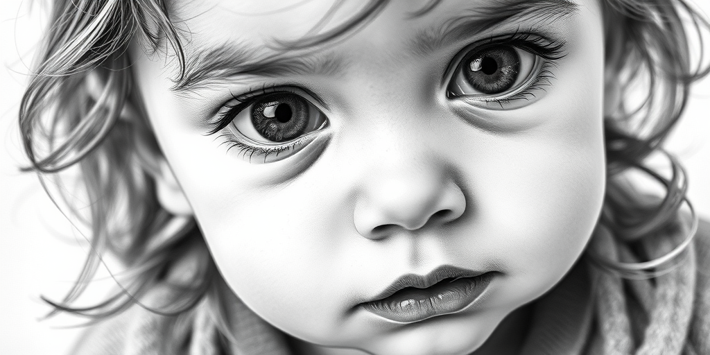 A hyperdetailed photorealistic black and white sketch of a beautiful toddler with deep brown eyes, with a macro focus