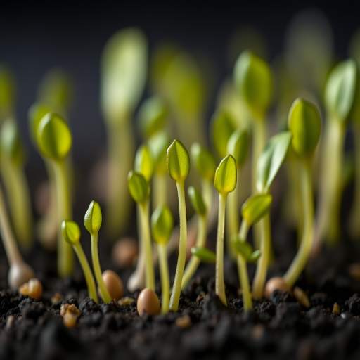 close-up of sprouting seeds with vibrant green leaves on a black background, DSLR camera, f/2.8 aperture, ISO 100, 50mm lens, soft natural lighting, shallow depth of field
