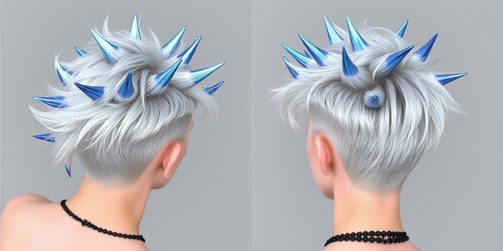 Striking silver pixie cut with textured spikes and metallic blue tips, creating an avant-garde alien-inspired look called Lunar Punk