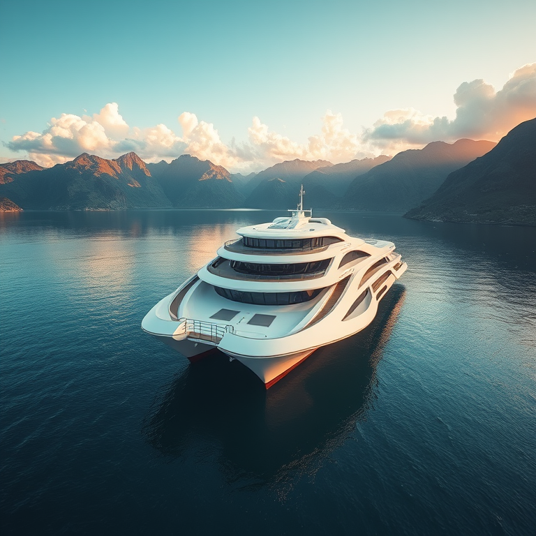 A futuristic floating luxury structure above water with mountains in the background, bright blue sky with fluffy clouds, taken with a DSLR camera at 24mm, f/8, ISO 100, golden hour lighting, wide-angle view for enhanced image quality.