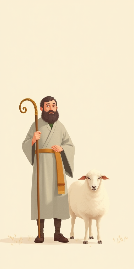 Create a minimalist illustration of a shepherd with a staff standing next to a sheep, using soft pastel colors and a plain background, captured with a Canon EOS R5 at f/5.6, ISO 100, 50mm focal length, with a wide-angle view and soft focus effect.