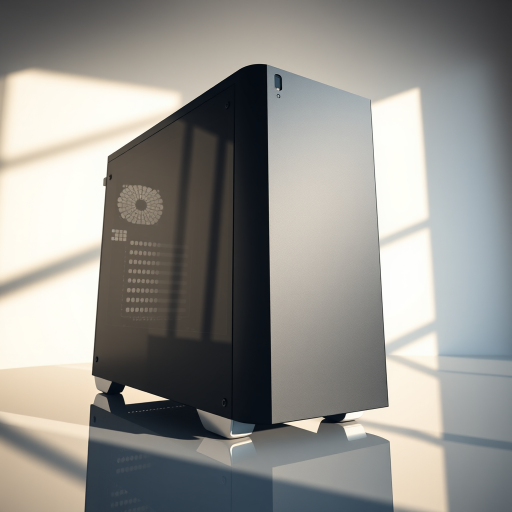 create a high-resolution image of a sleek black computer tower on a reflective surface with soft shadows, using a DSLR camera with a focal length of 35mm, aperture set to f/8, ISO 100, and natural light from the left side, capturing a three-quarter view to emphasize depth and detail