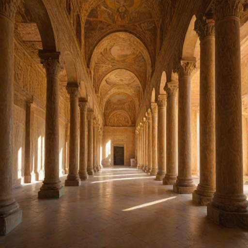 The interior is bathed in a warm, golden light, casting elongated shadows that enhance the grandeur and majesty of the structures. The columns and walls are adorned with intricate, swirling patterns and what appear to be ancient, faded frescoes or murals"