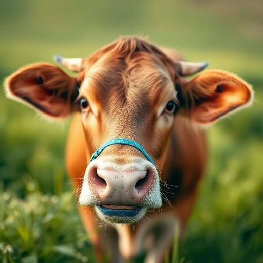 A close-up of a brown cow with a blue nose ring in a lush green field, soft natural light, aperture f/2.8, ISO 200, shutter speed 1/200 sec, shot with a DSLR camera, shallow depth of field to blur the background.