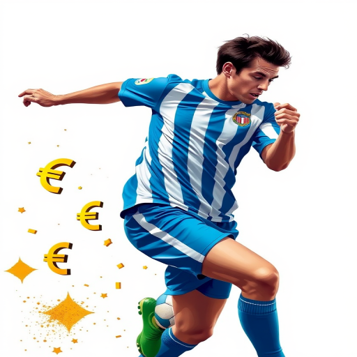 Create a vibrant illustration of a soccer player in motion, wearing a blue and white striped jersey, with dynamic trails of golden euro symbols following him, set against a white background, captured with a DSLR camera at f/2.8, 1/500s, ISO 100, using a wide-angle lens and a low perspective to enhance depth and detail.