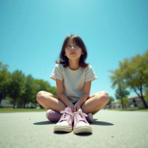 Generate an ultra-realistic, highly detailed, high-definition photograph. It's a photo of a girl sitting on the floor. She's looking at the horizon. The photo is taken from the bottom up, at ground level. The girl's sneakers are in the foreground, in the center of the scene. The girl is wearing light clothes, a t-shirt and short shorts. The sky is blue. Bright environment. The background is a blurred image of a park.