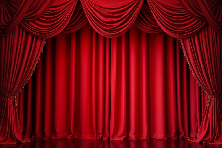 Create a high-resolution image of a luxurious red theater curtain with intricate drapery and a white backdrop for a stage, taken with a Canon EOS R5 camera, 50mm lens, f/1.8 aperture, ISO 100, and natural lighting to enhance the texture and richness of the fabric.