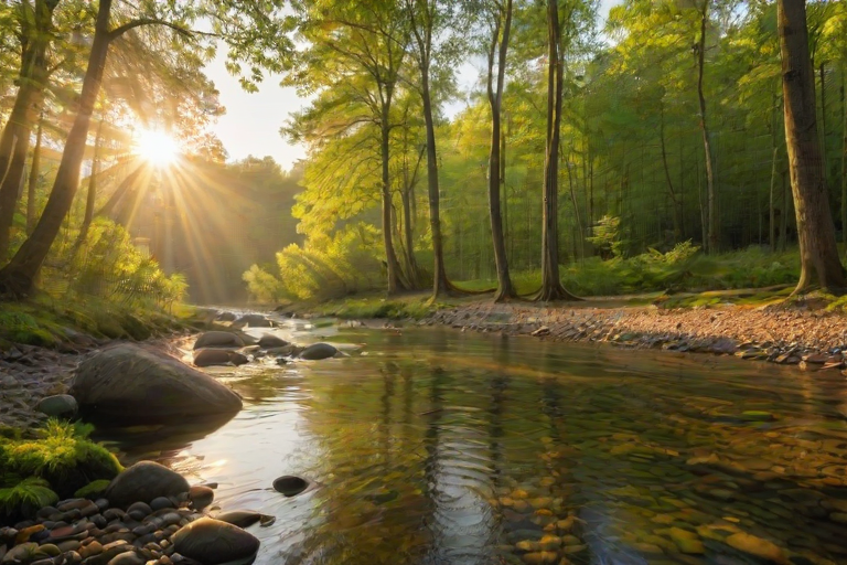 Create an image of a serene, sunlit forest scene with a clear, gently flowing river. Tall trees with lush green foliage line both sides of the river, their leaves bathed in the warm golden light of the setting or rising sun. The sunlight filters through the trees, casting soft, dappled light on the river, which flows over smooth rocks and pebbles, creating a peaceful, natural atmosphere. The sky is bright with a few scattered clouds, and the overall mood is tranquil, evoking a deep sense of connection with nature. The image captures the beauty of a calm, pristine forest landscape at either dawn or dusk.