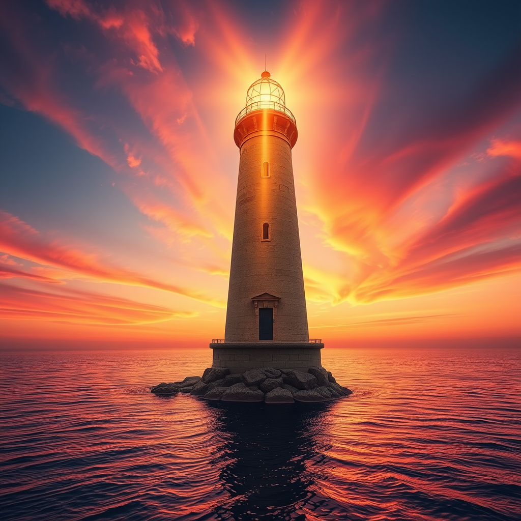 Generate an image of a tall lighthouse perched on a rocky outcrop surrounded by calm ocean waters during a breathtaking sunset. The lighthouse stands sturdy and weathered, its stone surface illuminated by the warm golden light of the setting sun. The sun's rays pass directly through the glass lantern room at the top of the lighthouse, casting a brilliant light across the scene. The sky is painted with vibrant shades of orange, pink, and purple, reflecting off the tranquil sea. The surrounding water shimmers with the same warm hues, creating a serene and majestic atmosphere.
