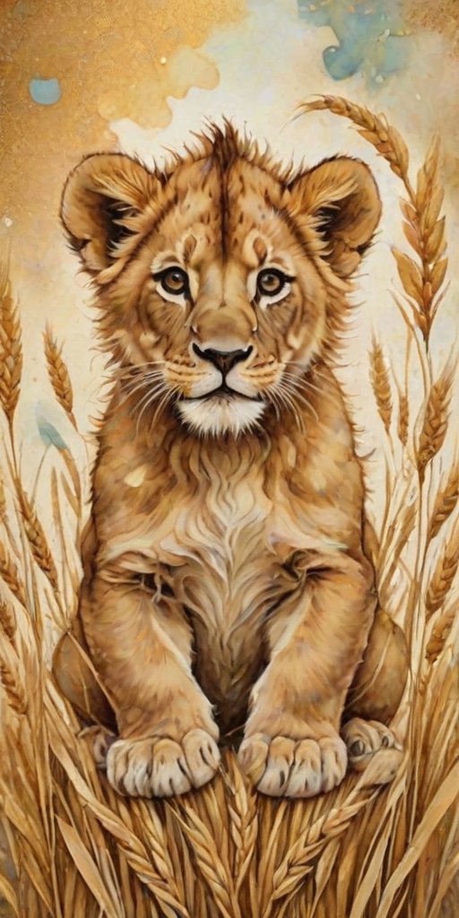 Soft, muted Alcohol Ink with ebru effect background image of tiny whimsical lion, who climbed high on the top of a golden rye ear.
