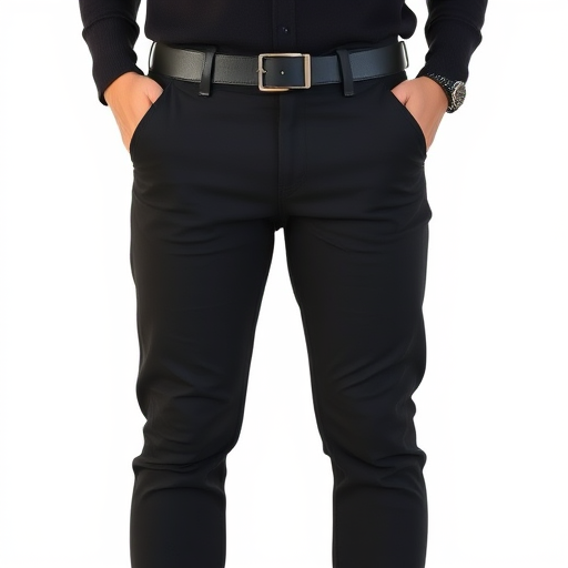 Create a high-resolution image of fitted black pants, front view, using a DSLR camera with a 50mm lens, aperture set to f/2.8, ISO 100, soft natural lighting, and a plain white background for contrast.