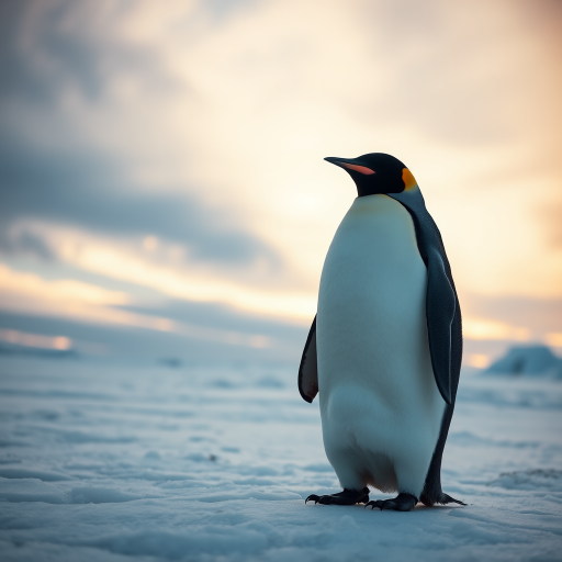 emperor penguin standing on ice with a dramatic sky, shot with a Canon EOS R5 at 50mm f/1.2, ISO 100, 1/200 sec, low angle view, natural light, high dynamic range for enhanced color and detail