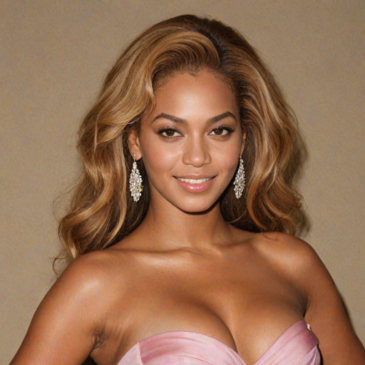 A photo of an old, beautiful Beyonce with light tanned skin, a small nose, and soft pink lips. She has perfect body and wears a strapless Kelly bikini. She has a big female bosom with push-up.