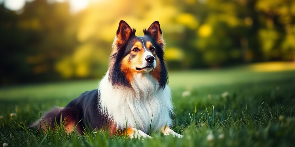 A majestic Collie dog sitting in a lush green field with a blurred background, sunlit scene, shallow depth of field, camera settings: aperture f/2.8, shutter speed 1/500s, ISO 200, 50mm lens, perspective from a low angle, natural light, DSLR camera.