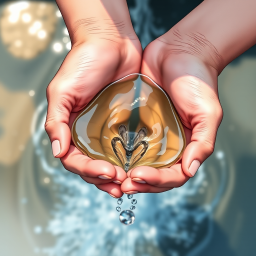Create a high-resolution illustration of hands cupping water with a flowing stream, using a soft-focus effect, a 50mm lens at f/2.8, shot from a top-down view to enhance depth, using a digital camera type with vibrant colors and a clean background for clarity.