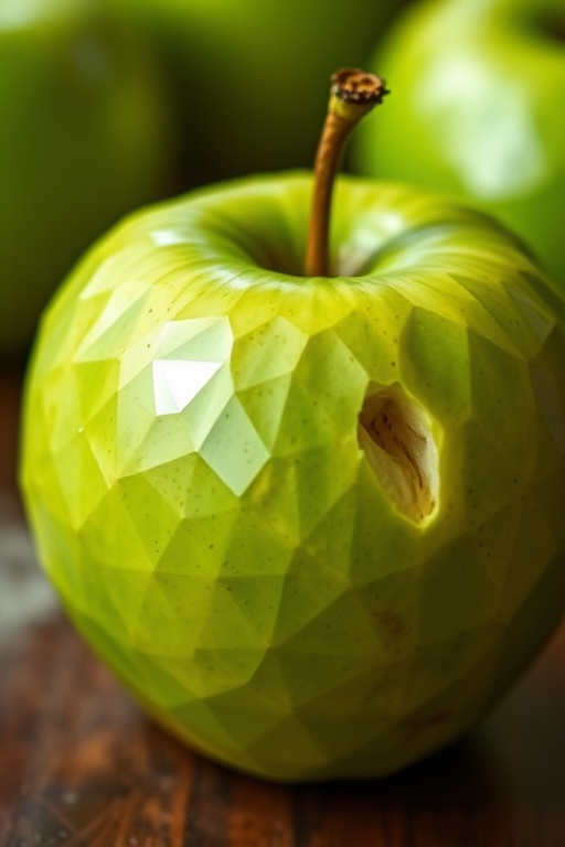 Create a high-resolution polygonal art image of a green apple with a bite taken out, shot with a Canon EOS R5 at f/2.8, ISO 100, 50mm lens, with a macro view, using soft natural lighting to enhance the texture and color contrast.