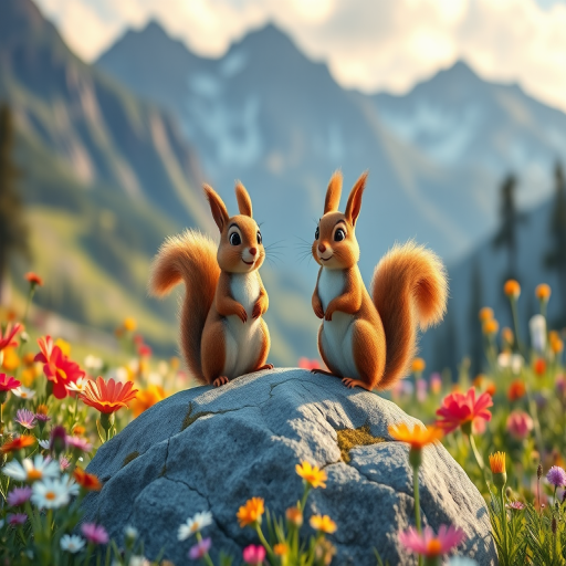 Generate a vibrant scene featuring two animated squirrels standing on a rock surrounded by colorful wildflowers in a lush meadow with majestic mountains in the background, shot with a Canon EOS R5 at f/2.8, ISO 100, focal length 50mm, in natural light for enhanced detail and clarity.