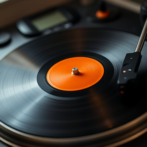 Create a close-up shot of a spinning vinyl record on a turntable with a focus on the vibrant orange label, using a DSLR camera with a 50mm lens at f/1.8 aperture, 1/250 sec shutter speed, ISO 100, natural lighting to enhance the mood and detail.
