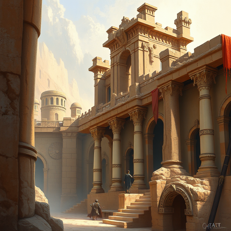 "This is a digital painting in a fantastical, surreal style. The scene depicts an ancient, crumbling temple or fortress with ornate, intricate stone structures. The architecture is a blend of ancient Greek and Middle Eastern styles, characterized by towering columns, arches, and intricate carvings. The stone walls are worn and weathered, with a mix of beige, ochre, and terracotta colors, giving a sense of age and history.