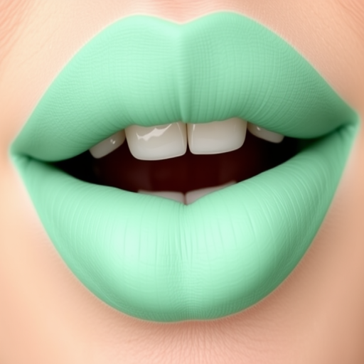 Fresh "Minty Green" lips showcasing a cool, pastel green matte color, precisely lined and filled for a unique, avant-garde look