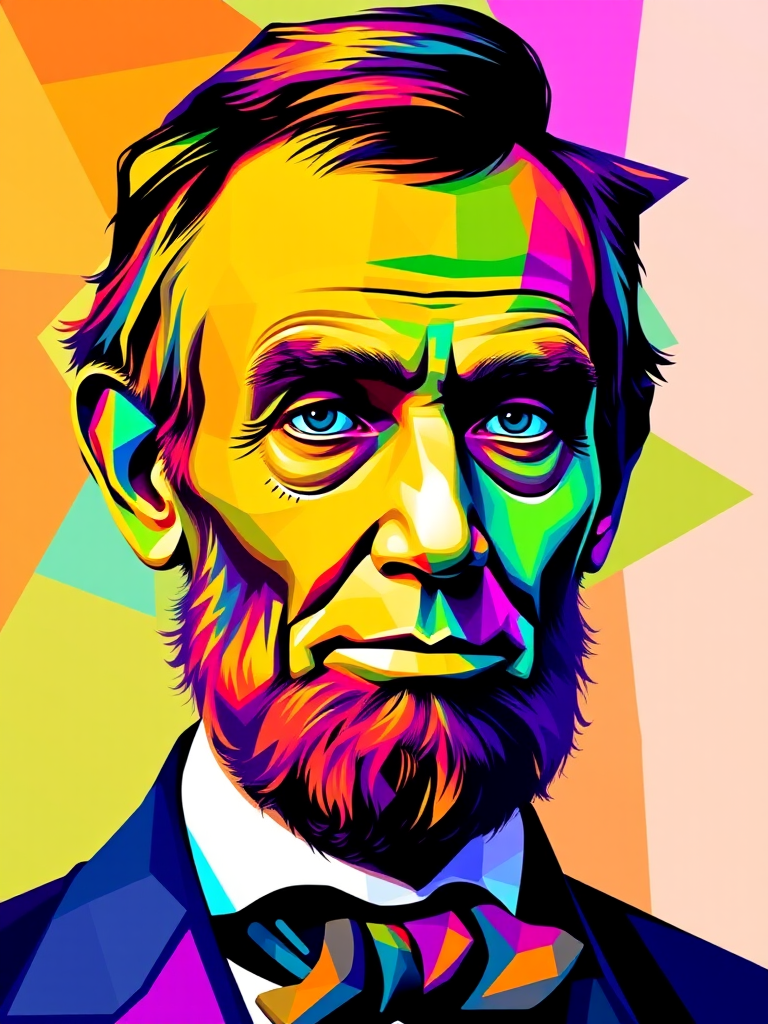 Create a vibrant and colorful portrait of Abraham Lincoln using a digital art style, with a focus on geometric shapes and bright hues, captured in a high-resolution format, using a DSLR camera at 50mm focal length, aperture f/1.8, ISO 100, and a shallow depth of field for enhanced detail and clarity.