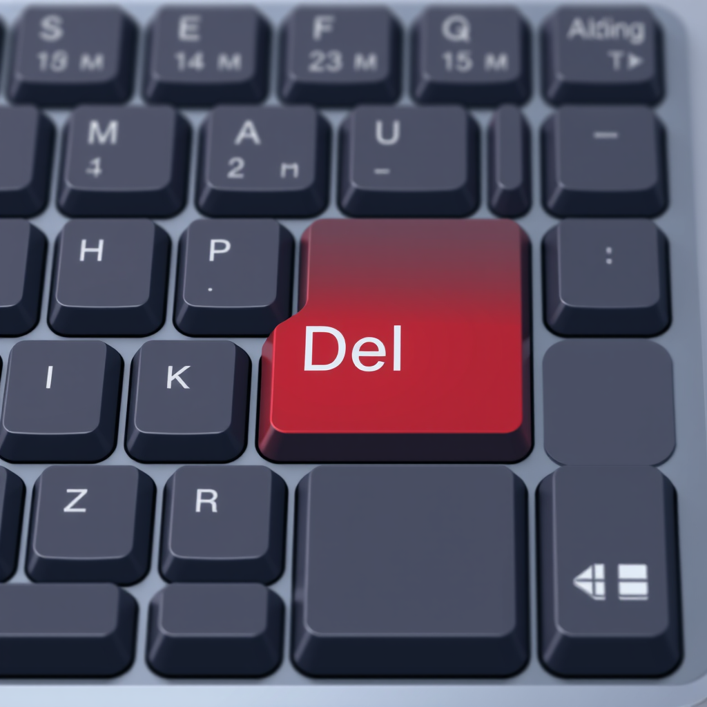 Create a high-resolution digital illustration of a computer keyboard with a focus on the red "Del" key, using a macro lens at f/2.8, ISO 100, 1/125 sec, top-down view, in a modern flat design style to enhance clarity and detail.