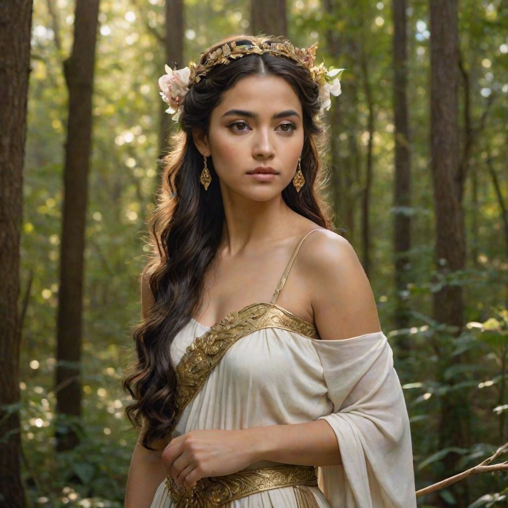 Create a portrait of a goddess-like Hispanic girl figure in a tranquil, forested environment. She has an elegant appearance with long, wavy hair styled in an updo and adorned with a delicate, floral headband. She wears a flowing, ancient Greek-inspired gown in a soft, pale color, featuring a one-shoulder design and draped fabric that accentuates her graceful form. The outfit includes a decorative belt with ornate gold detailing, and she holds a bow in her hand, with a quiver of arrows slung over her shoulder. The background depicts lush greenery, with sunlight filtering through the trees, casting a gentle, ethereal light on the scene. Her expression is calm and contemplative, embodying a sense of wisdom and serenity.