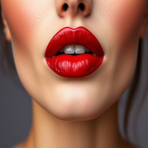 Stunning woman lips with vibrant cherry red hue, glossy finish, and subtle ombre effect, full face portrait showcasing luscious pout and flawless complexion