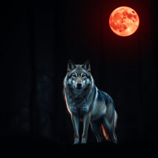 A majestic wolf standing in a dark forest under a blood-red moon, captured with a Canon EOS R5, 50mm lens, f/1.8 aperture, ISO 100, 1/250 sec shutter speed, with a soft-focus background and dramatic lighting to enhance the mood.