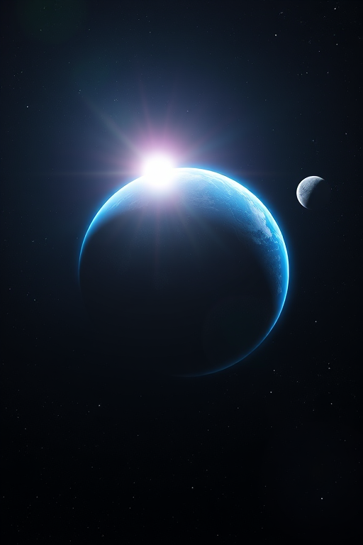 Create a high-resolution image of a vibrant blue planet surrounded by two moons, with sunlight breaking through the darkness of space, using a wide-angle lens, f/8 aperture, ISO 100, 20mm focal length, in a digital SLR style.
