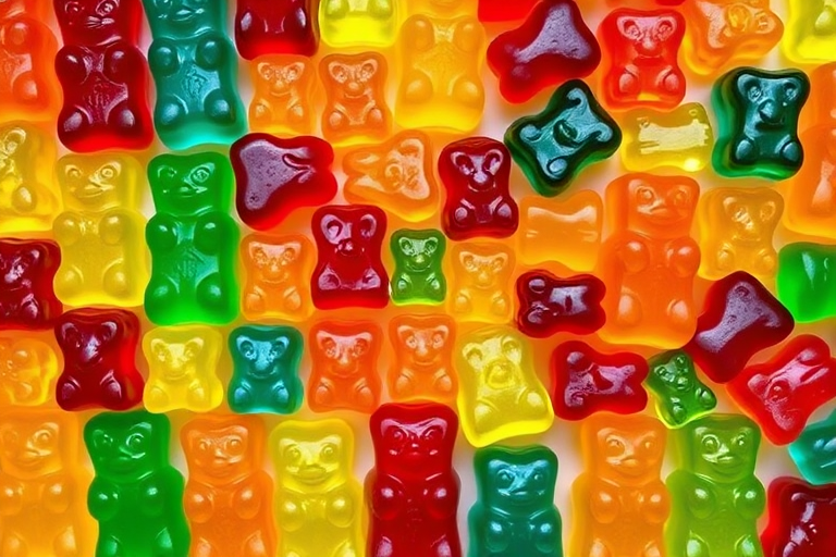 Generate an image of colorful gummy bears arranged in a grid pattern, taken with a DSLR camera at f/2.8 aperture, ISO 100, 50mm lens, top-down view, using natural light to enhance the vibrant colors and details.